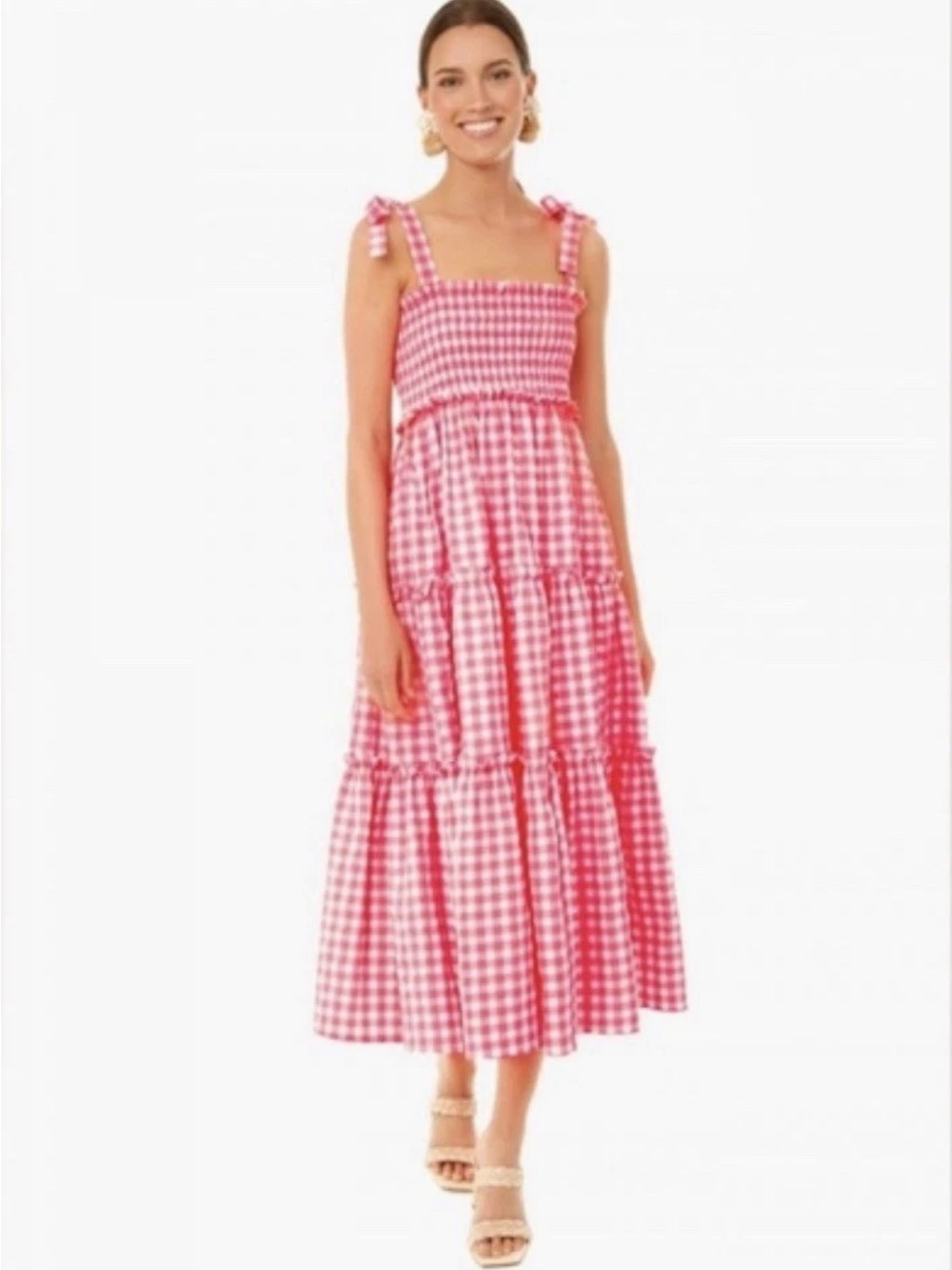 Tuckermuck Pomander Pink Gingham Tie shoulder Tiered Midi Sundress